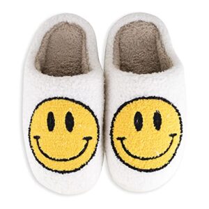 wellnessica happy face slippers soft plush comfy warm faux fur with memory foam, preppy winter slides non-slip flat smile face house slippers for women, men & kids (purple, light blue & white, us_footwear_size_system, adult, women, numeric, wide, numeric_