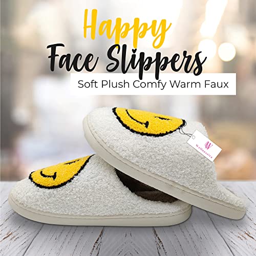 WELLNESSICA Happy Face Slippers Soft Plush Comfy Warm Faux Fur with Memory Foam, Preppy Winter Slides Non-Slip Flat Smile Face House Slippers for Women, Men & Kids (Purple, Light Blue & White, us_footwear_size_system, adult, women, numeric, wide, numeric_