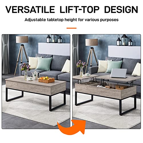 Yaheetech Lift Top Coffee Table with Hidden Storage Compartment, Farmhouse Wooden Center Table with 2 Way Raisable Tabletop & Gas Lift Mechanism for Living Room Reception Room,Gray