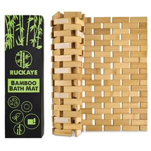 Ruckaye Bamboo Bath Shower Mat 24x16 Inches with Silicone Grip Pads – Foldable, Waterproof, Slip Resistant for Bathroom, Sauna, Spa, Kitchen & Outdoors– Environment Friendly