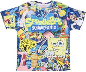 mens spongebob squarepants classic shirt - spongebob, patrick & krusty krab sublimated allover t-shirt (white, x-large)