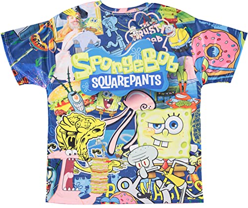 Mens Spongebob Squarepants Classic Shirt - Spongebob, Patrick & Krusty Krab Sublimated Allover T-Shirt (White, X-Large)