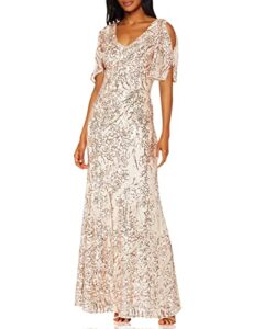 alex evenings women's sequin stretch lace cold shoulder gown, sand, 16