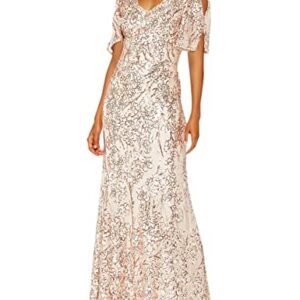 Alex Evenings Women's Sequin Stretch Lace Cold Shoulder Gown, Sand, 16