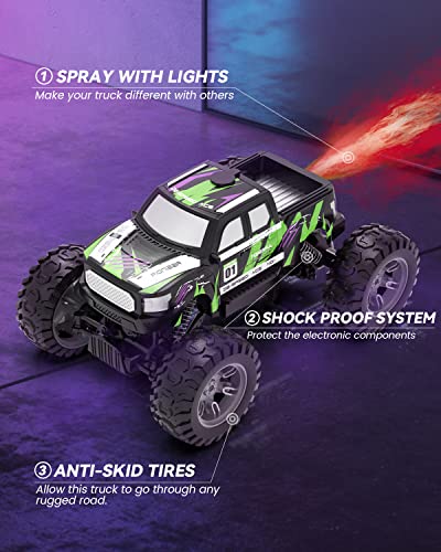 DEERC DE44 Remote Control Monster Truck with Fog Mist, Dual Motors Off Road RC Car, 4WD Rock Crawler with LED Lights, Spray Water Mist, 70+ Min Play, Toy Vehicle for Boys Girls and Adults