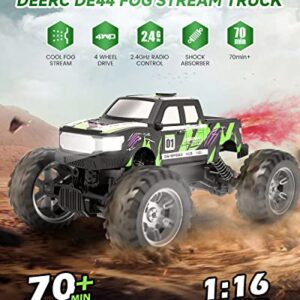 DEERC DE44 Remote Control Monster Truck with Fog Mist, Dual Motors Off Road RC Car, 4WD Rock Crawler with LED Lights, Spray Water Mist, 70+ Min Play, Toy Vehicle for Boys Girls and Adults