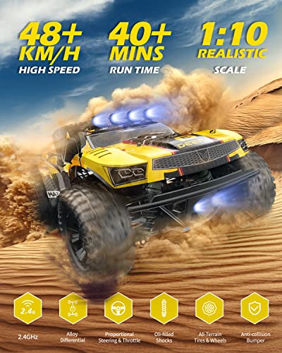 DEERC 9201E 1:10 Large Remote Control Truck with Lights, Fast Short Course RC Car, 48 km/h 4x4 Off-Road Hobby Grade Toy Monster Crawler Electric Vehicle with 2 Rechargeable Batteries for Adult Kid Boy