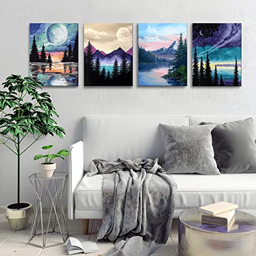 Ninonly 4 Pack Paint by Number for Adults Framed Canvas, DIY Arts and Crafts for Adults Beginner with Wooden Easel, Paint Brushes, Acrylic Paint Set for Home Wall Decor, 9 * 12 Inch
