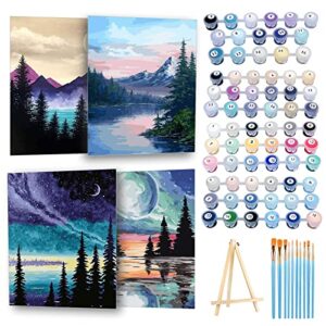 ninonly 4 pack paint by number for adults framed canvas, diy arts and crafts for adults beginner with wooden easel, paint brushes, acrylic paint set for home wall decor, 9 * 12 inch