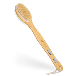 freatech long bamboo handle body brush back scrubber - dual-sided bath shower brush with stiff and soft bristles for wet or dry brushing, exfoliating skin, cellulite removal and lymphatic drainage