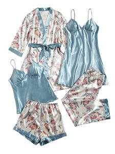 makemechic women's 5 piece sleepwear floral satin cami pajama set silk nightgown with robe blue l