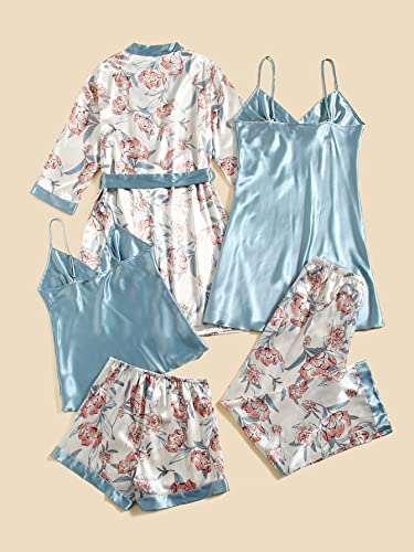 MakeMeChic Women's 5 Piece Sleepwear Floral Satin Cami Pajama Set Silk Nightgown with Robe Blue L