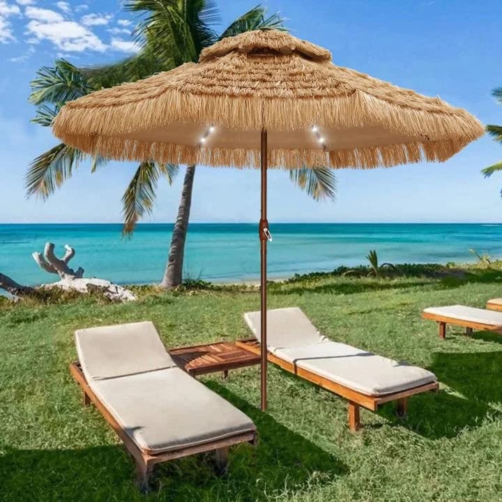 9Ft Double Top Solar Thatched Patio Tiki Umbrella With Led Lights & Central Lights