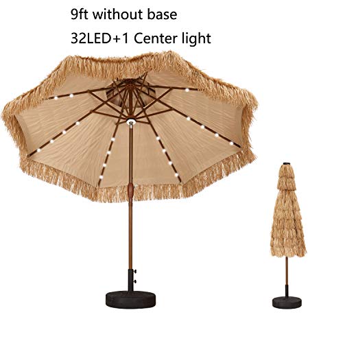 9Ft Double Top Solar Thatched Patio Tiki Umbrella With Led Lights & Central Lights