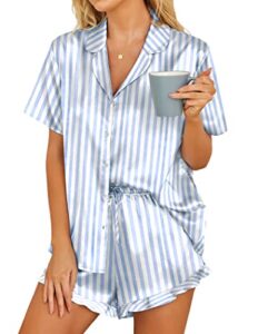 hotouch womens satin button down short sleeve pink striped pajamas sleepwear set blue striped, large