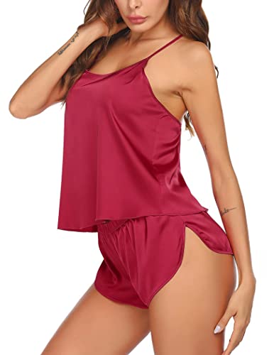 ZIJEFA Womens Sexy Lingerie Satin Pajamas set Sleepwear Cami Shorts Set Nightwear S-XL(S, A-Wine red)