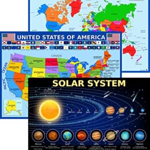 World Map, United States Map, and Solar System Poster with Extra Features – Laminated 14x19.5 in – Educational Posters, Classroom Decorations, Teachers Supplies, Virtual Learning for Kids, Homeschool Decor