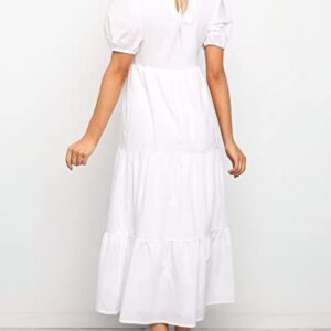 LOGENE Women Short Sleeve Crew Neck Smocked Elastic Waist Tiered Maxi Dress Summer Boho Solid Color Sun Dresses-484-baise-L