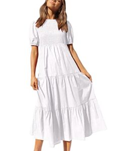 logene women short sleeve crew neck smocked elastic waist tiered maxi dress summer boho solid color sun dresses-484-baise-l