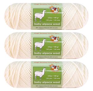 3-pack baby alpaca wool blend yarn worsted weight fashion collection art crafts crochet and knitting sunny cat premium brand ( white)