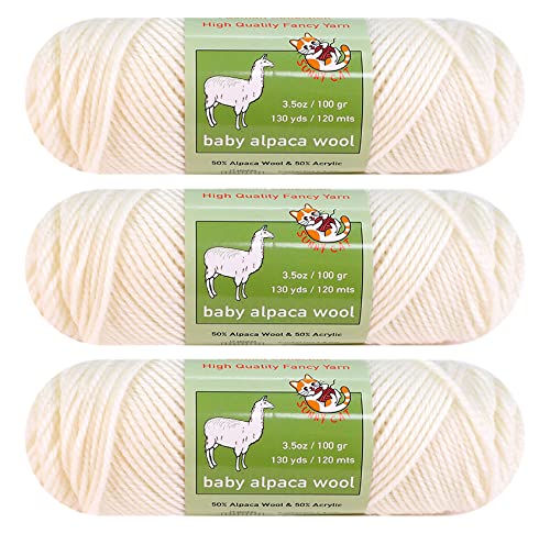 3-Pack Baby Alpaca Wool Blend Yarn Worsted Weight Fashion Collection Art Crafts Crochet and Knitting Sunny Cat Premium Brand ( White)