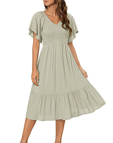 Zattcas Womens Short Flutter Sleeve V Neck Smocked Ruffle Midi Tiered Dress Light Sage S