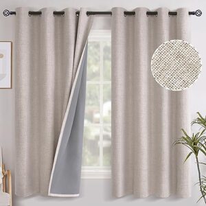 youngstex linen blackout curtains for bedroom, thermal insulated full room darkening curtains natural linen textured black out window drapes, 2 panels, 52 x 63 inch, beige