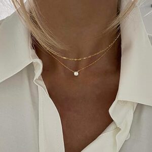 Tewiky Gold Necklace, Dainty Gold Layered Gold Plated Diamond Necklaces Simple CZ Solitaire Pendant Necklace Cute Gold Cubic Zirconia Chain Choker for Women Trendy Girls Gold Jewelry Gift