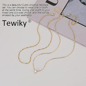 Tewiky Gold Necklace, Dainty Gold Layered Gold Plated Diamond Necklaces Simple CZ Solitaire Pendant Necklace Cute Gold Cubic Zirconia Chain Choker for Women Trendy Girls Gold Jewelry Gift