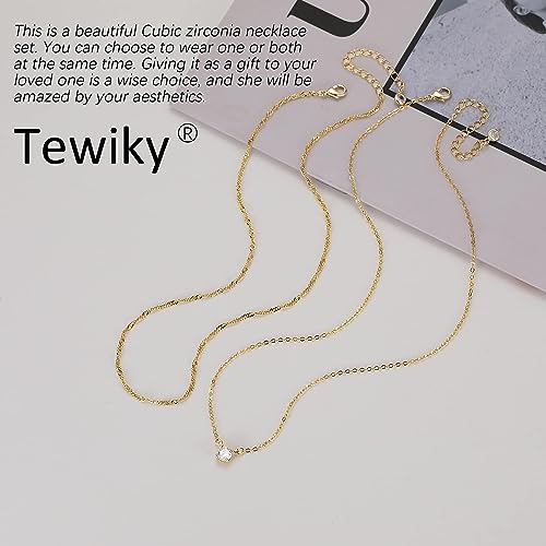 Tewiky Gold Necklace, Dainty Gold Layered Gold Plated Diamond Necklaces Simple CZ Solitaire Pendant Necklace Cute Gold Cubic Zirconia Chain Choker for Women Trendy Girls Gold Jewelry Gift