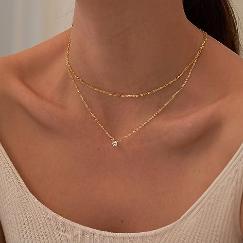 Tewiky Gold Necklace, Dainty Gold Layered Gold Plated Diamond Necklaces Simple CZ Solitaire Pendant Necklace Cute Gold Cubic Zirconia Chain Choker for Women Trendy Girls Gold Jewelry Gift