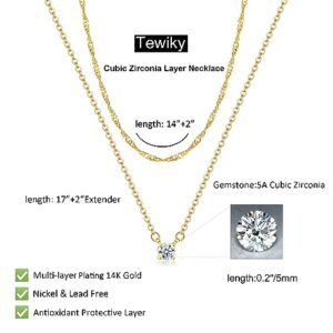 Tewiky Gold Necklace, Dainty Gold Layered Gold Plated Diamond Necklaces Simple CZ Solitaire Pendant Necklace Cute Gold Cubic Zirconia Chain Choker for Women Trendy Girls Gold Jewelry Gift