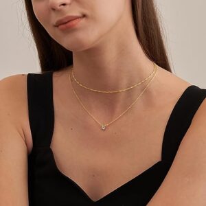 Tewiky Gold Necklace, Dainty Gold Layered Gold Plated Diamond Necklaces Simple CZ Solitaire Pendant Necklace Cute Gold Cubic Zirconia Chain Choker for Women Trendy Girls Gold Jewelry Gift