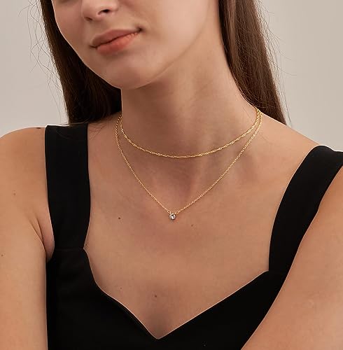 Tewiky Gold Necklace, Dainty Gold Layered Gold Plated Diamond Necklaces Simple CZ Solitaire Pendant Necklace Cute Gold Cubic Zirconia Chain Choker for Women Trendy Girls Gold Jewelry Gift