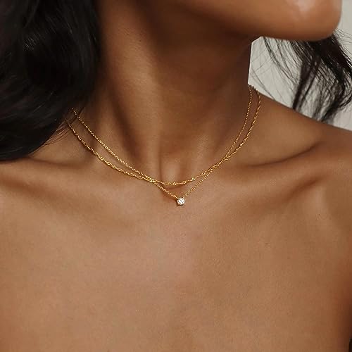 Tewiky Gold Necklace, Dainty Gold Layered Gold Plated Diamond Necklaces Simple CZ Solitaire Pendant Necklace Cute Gold Cubic Zirconia Chain Choker for Women Trendy Girls Gold Jewelry Gift