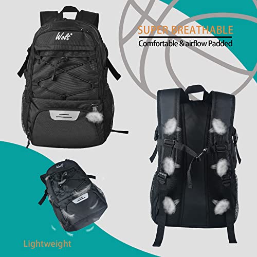 WOLT | Basketball Backpack Large Sports Bag with Separate Ball holder & Shoes compartment, Best for Basketball, Soccer, Volleyball, Swim, Gym, Travel(Black)