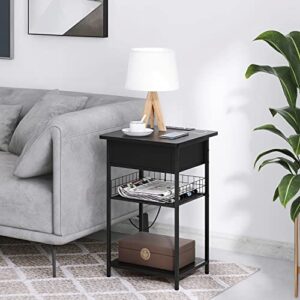 Nightstand with USB Ports and Outlets, Bedside End Table with Storage Shelf Bed Couch Sofa Side Table with Charging Station Rustic Accent Table Small Wood Night Stands for Bedroom, Living Room, Black