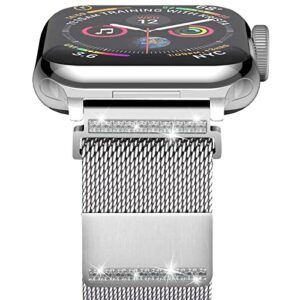 magnetic metal band compatible with apple watch bands 38mm 40mm 41mm 42mm 44mm 45mm for men women, stainless steel mesh milanese loop diamond strap compatible for iwatch series se/7/6/5/4/3/2/1,silver