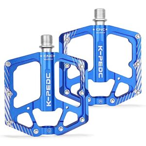 k pedc bike pedal aluminum alloy 9/16" bike pedal mtb wide platform flat non-slip bicycle pedals with 3 bearings for mountain bikes, road, bmx blue