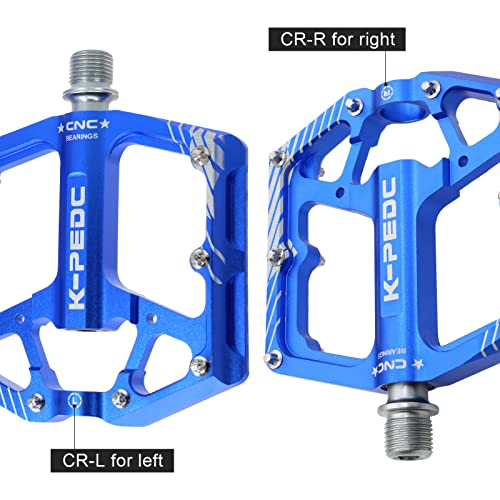 K PEDC Bike Pedal Aluminum Alloy 9/16" Bike Pedal MTB Wide Platform Flat Non-Slip Bicycle Pedals with 3 Bearings for Mountain Bikes, Road, BMX Blue