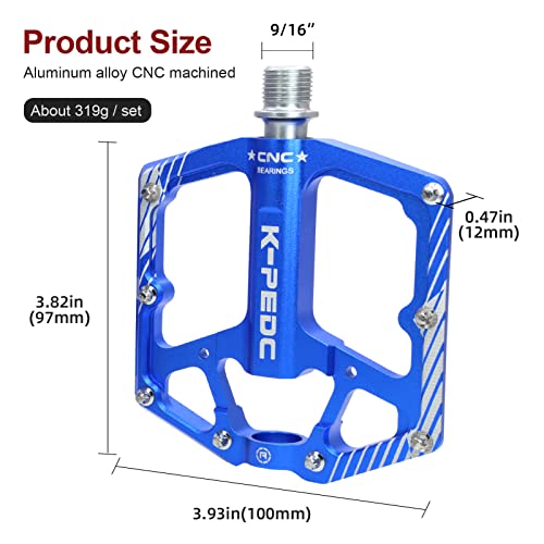 K PEDC Bike Pedal Aluminum Alloy 9/16" Bike Pedal MTB Wide Platform Flat Non-Slip Bicycle Pedals with 3 Bearings for Mountain Bikes, Road, BMX Blue