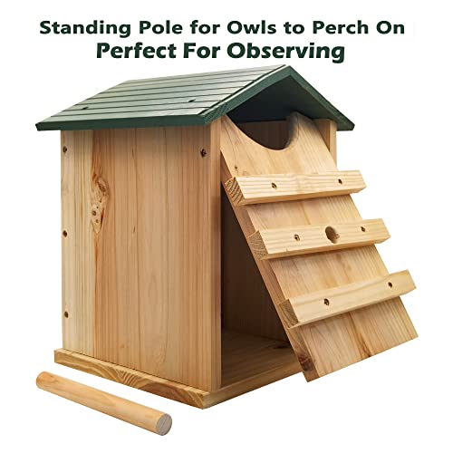 Prolee Screech Owl House Hand Made 14 x 10 Inch 100% Cedar Wood Owl Box with Mounting Screws, Easy Assembly Required (Bird Stand Design)