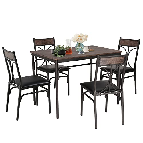 VECELO 5 Piece Kitchen Table Set for Dining Room,Dinette,Breakfast Nook, Seating for Four, Dark Brown