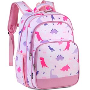 vaschy school backpack for girls, 16in water resistant backpack for kids preschool/primary/elementary schoolbag bookbag for girls with tablet sleeve pink dino