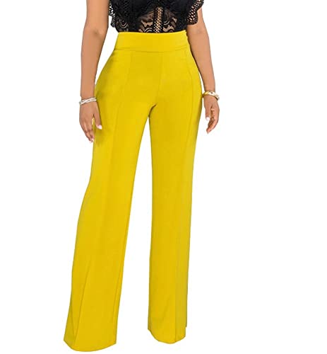 ThusFar Women Casual Wide Leg Long Pants Office Work Business High Waisted Straight Bootcut Leg Dress Pant Yellow S