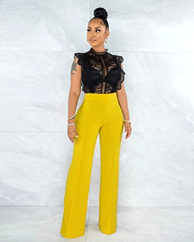 ThusFar Women Casual Wide Leg Long Pants Office Work Business High Waisted Straight Bootcut Leg Dress Pant Yellow S