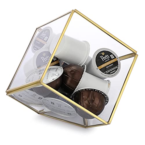 ELLDOO Gold Glass Coffee Pods Holder, Slanted Square Box Coffee Pod Organizer for K Cup Espresso, Tea Bags Sugar Packets Coffee Capsule Storage Holder for Kitchen Coffee Bar Office Desktop Counter