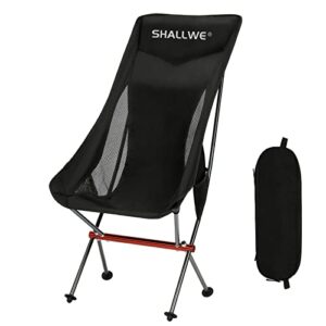 SHALLWE Ultralight High Back Folding Camping Chair, Upgraded All Aluminum Structure, Built-in Pillow, Side Pocket & Carry Bag, Compact & Heavy Duty for Outdoor Backpacking(Pitch-Dark)