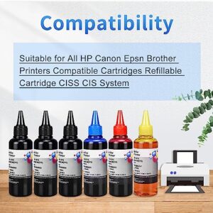 AYMSous 6-Pack Universal Ink Refill Kit for All HP Canon Epsn Brother Printers Compatible Cartridges Refillable Cartridge CISS CIS System with 6 Syringes(6x100ML 3BK, 1C. 1M, 1Y)