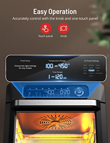 Air Fryer Toaster Oven Combo, Paris Rhône 24-in-1 Countertop Convection Ovens, 26QT Large Rotisserie Cooker with Led Digital Touchscreen, Sensitive Knob, Basket, Rack Tray, Cookbook and Magnet Menu